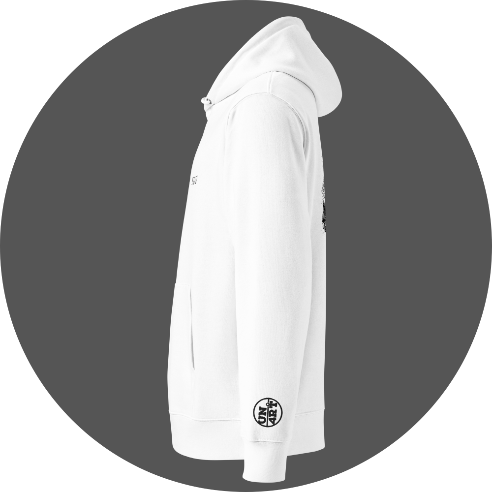 un4rt - the image shows the left side of a white cotton hoodie with a black print on the front and the back. a black "UN4RT"-logo embroidery on the left sleeve.