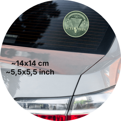 un4rt - the image shows a part of the back of a car with a sticker on the rear window. the sticker shows an edited part of a section of a 1 dollar note with an inverted pyramid. the all-seeing eye is at the top, on the wide part of the pyramid. the banderole reads "conspiracy-disclosure" and the pointed part of the pyramid reads "activists". measurements of the sticker in cm and inch are written on the left sight of the image.