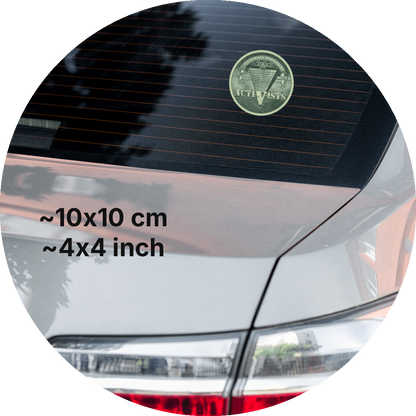 un4rt - the image shows a part of the back of a car with a sticker on the rear window. the sticker shows an edited part of a section of a 1 dollar note with an inverted pyramid. the all-seeing eye is at the top, on the wide part of the pyramid. the banderole reads "Conspiracy-Disclosure" and the pointed part of the pyramid reads "Activists". measurements of the sticker in cm and inch are written on the left sight of the image.