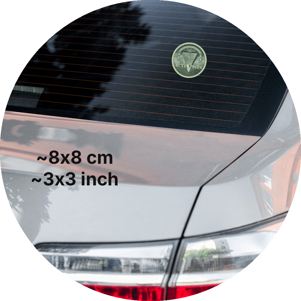 un4rt - the image shows a part of the back of a car with a sticker on the rear window. the sticker shows an edited part of a section of a 1 dollar note with an inverted pyramid. the all-seeing eye is at the top, on the wide part of the pyramid. the banderole reads "Conspiracy-Disclosure" and the pointed part of the pyramid reads "Activists". measurements of the sticker in cm and inch are written on the left sight of the image.