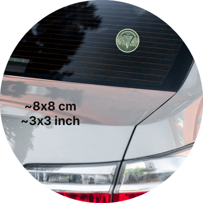 un4rt - the image shows a part of the back of a car with a sticker on the rear window. the sticker shows an edited part of a section of a 1 dollar note with an inverted pyramid. the all-seeing eye is at the top, on the wide part of the pyramid. the banderole reads "Conspiracy-Disclosure" and the pointed part of the pyramid reads "Activists". measurements of the sticker in cm and inch are written on the left sight of the image.