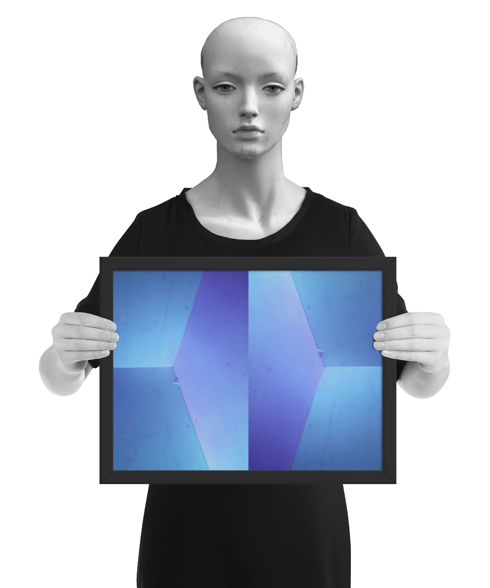 un4rt - the photographie shows an upper corner of a cooling cell, light in blue colors with gradients. the whole image contains the photographie for 2 times and one of the photographies is mirrored. the image is framed and presented by a mannequin in black and white.