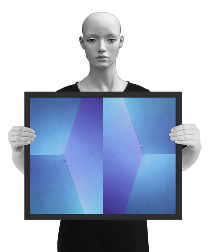un4rt - the photographie shows an upper corner of a cooling cell, light in blue colors with gradients. the whole image contains the photographie for 2 times and one of the photographies is mirrored. the image is framed and presented by a mannequin in black and white.