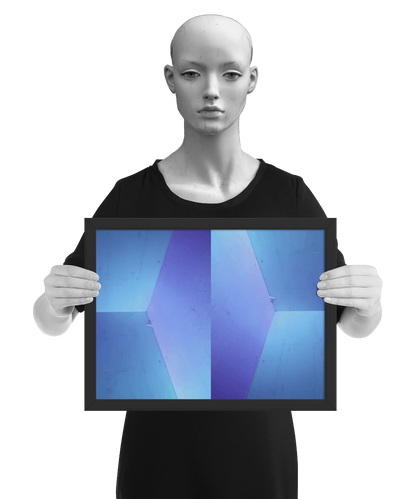 un4rt - the photographie shows an upper corner of a cooling cell, light in blue colors with gradients. the whole image contains the photographie for 2 times and one of the photographies is mirrored. the image is framed and presented by a mannequin in black and white.