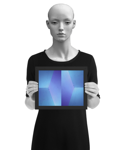 un4rt - the photographie shows an upper corner of a cooling cell, light in blue colors with gradients. the whole image contains the photographie for 2 times and one of the photographies is mirrored. the image is framed and presented by a mannequin in black and white.
