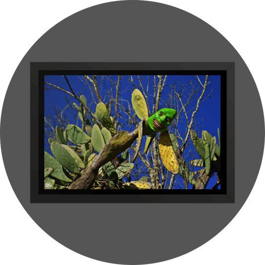 un4rt - the photograpie shows a huge and very old cactus with a spooky green mask on its top. the mask is smiling very strange. dead trees in the background. blue and cloudless sky.