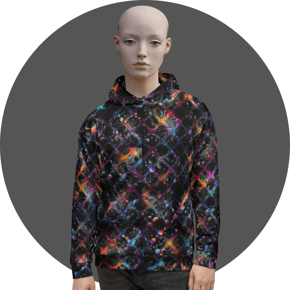 UN4RT black all-over print hoodie, dense repeating neon rainbow multicolor bubble and swirl pattern on black, kangaroo pocket, mannequin front view, grey circular background.