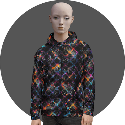 UN4RT black all-over print hoodie, dense repeating neon rainbow multicolor bubble and swirl pattern on black, kangaroo pocket, mannequin front view, grey circular background.
