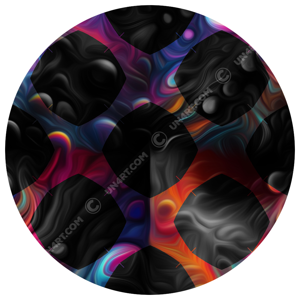 un4rt - the image shows images with bubbles and cosmic enery lines in the background. the background is overlayed by a grid pattern with rounded squares. the background images are colorfull (rainbow colors). the background shines through the whole grid, but inside the rounded squares of the grid the backround is black and white. 