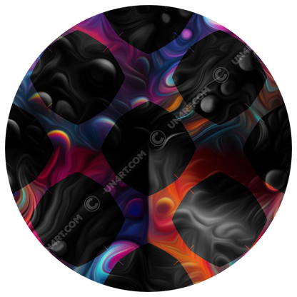 un4rt - the image shows images with bubbles and cosmic enery lines in the background. the background is overlayed by a grid pattern with rounded squares. the background images are colorfull (rainbow colors). the background shines through the whole grid, but inside the rounded squares of the grid the backround is black and white. 