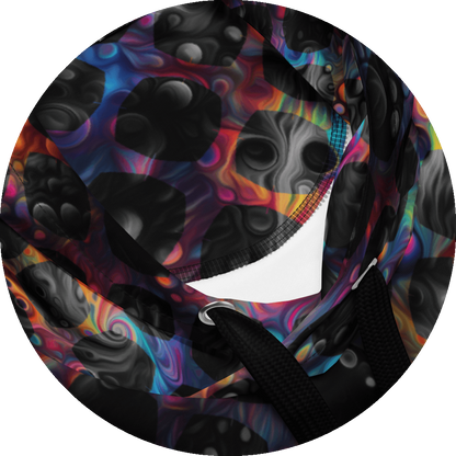 un4rt - the image shows details of a hoodie with images with bubbles and cosmic enery lines in the background. the background is overlayed by a grid pattern with rounded squares. the background images are colorfull (rainbow colors). the background shines through the whole grid, but inside the rounded squares of the grid the backround is black and white. 