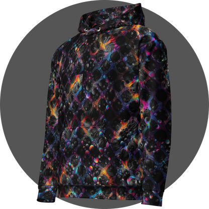 un4rt - the image shows the left front of a hoodie with images with bubbles and cosmic enery lines in the background. the background is overlayed by a grid pattern with rounded squares. the background images are colorfull (rainbow colors). the background shines through the whole grid, but inside the rounded squares of the grid the backround is black and white.