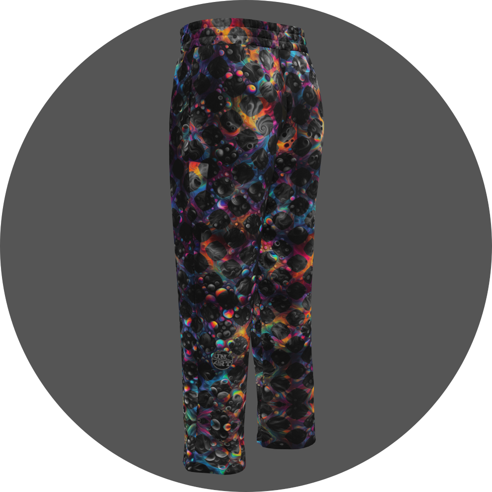 UN4RT cosmic grid all-over-print jogging pants back left view – dark sweatpants with three-dimensional black sphere and bubble cluster pattern, iridescent neon rainbow glow in pink, blue, orange and teal between forms, small UN4RT logo at lower leg, elasticated waistband, straight leg cut.