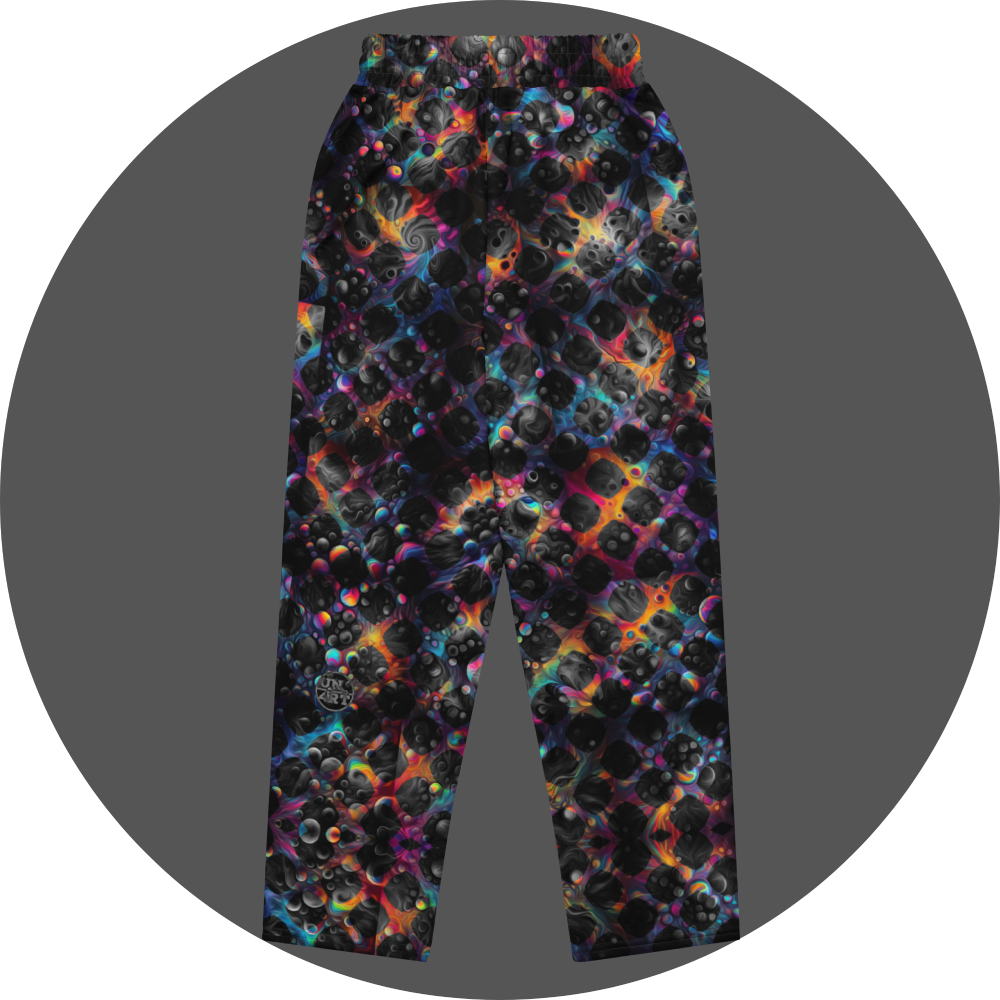 UN4RT cosmic grid all-over-print jogging pants back flat – dark sweatpants with dense pattern of three-dimensional black spheres and bubble clusters with iridescent neon rainbow glow in pink, blue, orange and teal between forms, small UN4RT logo at lower left leg, elasticated waistband.