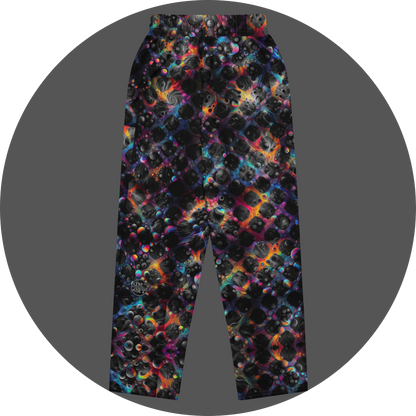 UN4RT cosmic grid all-over-print jogging pants back flat – dark sweatpants with dense pattern of three-dimensional black spheres and bubble clusters with iridescent neon rainbow glow in pink, blue, orange and teal between forms, small UN4RT logo at lower left leg, elasticated waistband.