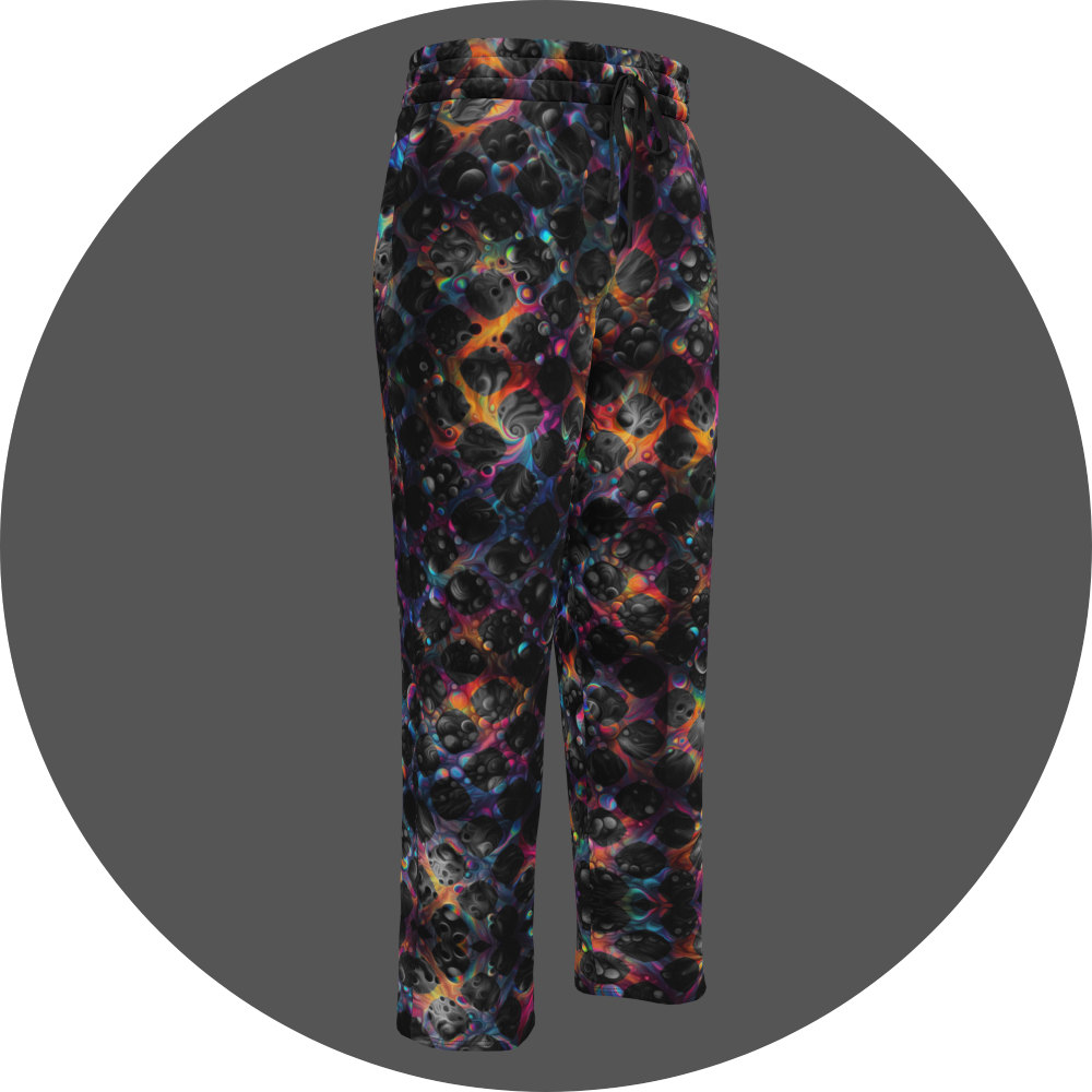 UN4RT cosmic grid all-over-print jogging pants front right view – dark sweatpants with three-dimensional black sphere and bubble cluster pattern, iridescent neon rainbow glow in pink, blue, orange and teal between forms, elasticated drawstring waistband, straight leg cut.
