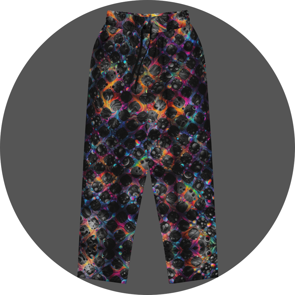UN4RT cosmic grid all-over-print jogging pants front flat – dark sweatpants with dense pattern of three-dimensional black spheres and bubble clusters with iridescent neon rainbow glow in pink, blue, orange and teal between forms, elasticated drawstring waistband.