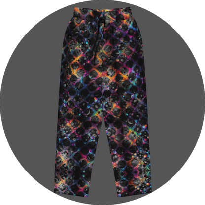 UN4RT cosmic grid all-over-print jogging pants front flat – dark sweatpants with dense pattern of three-dimensional black spheres and bubble clusters with iridescent neon rainbow glow in pink, blue, orange and teal between forms, elasticated drawstring waistband.