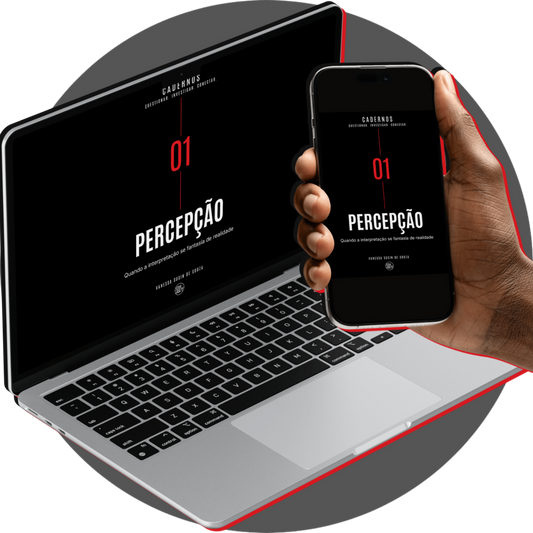 UN4RT Cadernos – product mockup of a silver laptop and a dark smartphone held side by side in a dark hand both displaying the digital cover of Cadernos No. 01 titled PERCEPÇÃO with subtitle Quando a interpretação se fantasia de realidade by Vanessa Susin de Souza, featuring bold white typography and a large red number 01 on a black background with a vertical red centre line and the UN4RT logo badge, dark editorial multi-device digital notebook mockup on a grey circular background