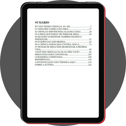 UN4RT - portuguese digital notebook cadernos 02 crenças displayed on a black tablet with a slim red edge, showing a table of contents with numbered chapters about beliefs, evidence, belonging, and changing ideas, followed by reflection questions and reference sections on a white page against a gray circular background