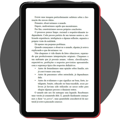 UN4RT - portuguese digital notebook cadernos 02 crenças displayed on a black tablet with a slim red edge, showing a reading page in portuguese with black text on white about how beliefs and ideas are shaped by experience, existing values, and the way people interpret the world, centered against a gray circular background