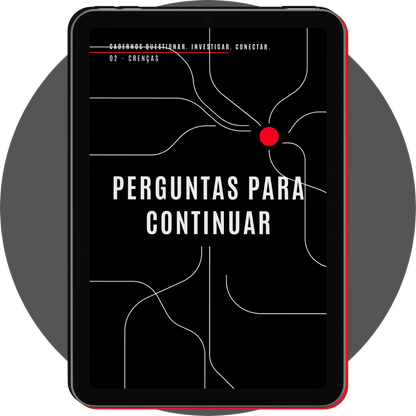 UN4RT - portuguese digital notebook cadernos 02 crenças displayed on a black tablet with a slim red edge, showing a reflection page with large white typography and a branching network of fine white lines connected to a red circle on a black background, centered over a gray circular backdrop