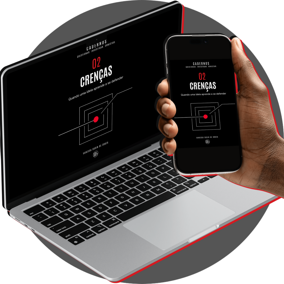 UN4RT - cadernos 02 crenças digital notebook shown on a laptop and smartphone held in a hand, both screens displaying the matching black cover with red and white typography and geometric artwork, presented together against a gray circular background