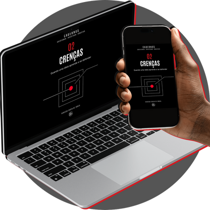 UN4RT - cadernos 02 crenças digital notebook shown on a laptop and smartphone held in a hand, both screens displaying the matching black cover with red and white typography and geometric artwork, presented together against a gray circular background
