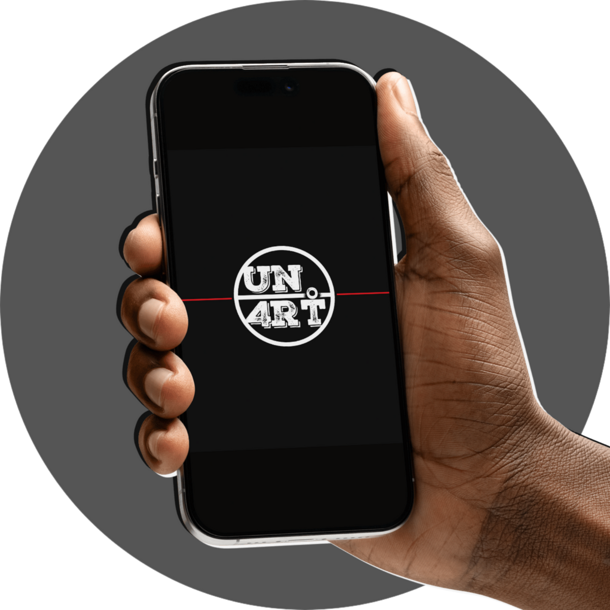 UN4RT Cadernos – collection mockup of a dark smartphone held upright in a dark hand displaying the UN4RT circular badge logo in distressed white lettering bisected by a horizontal red line on a solid black screen, dark editorial brand identity digital collection mockup on a grey circular background
