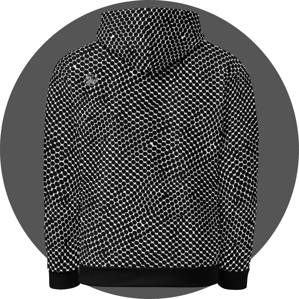 un4rt - the image shows the back of a hoodie with black dots on a white background. the dots are irregular but mainly round. the dots are arranged in soft curves. some of the dots touch each other and merge.