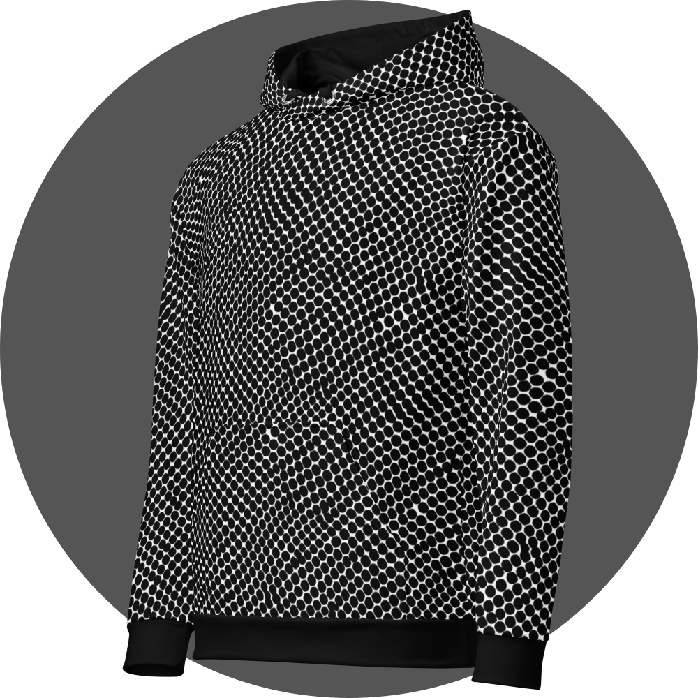 un4rt - the image shows the left front of a hoodie with black dots on a white background. the dots are irregular but mainly round. the dots are arranged in soft curves. some of the dots touch each other and merge.