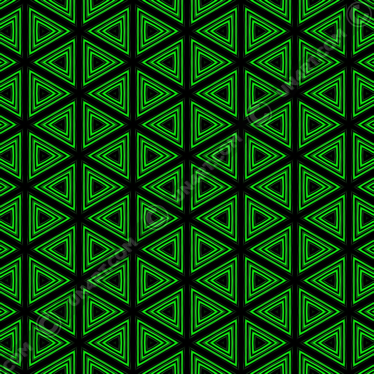 un4rt- the image shows a repeating pattern made of triangles. each triangle is mirrored horizontal and vertical over and over again. the triangles are made of three thick and green lines with soft borders. the space between the triangles and between the green lines is black.