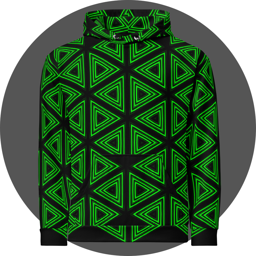 un4rt- the image shows the front of a hoodie with a repeating pattern made of triangles. each triangle is mirrored horizontal and vertical over and over again. the triangles are made of three thick and green lines with soft borders. the space between the triangles and between the green lines is black.