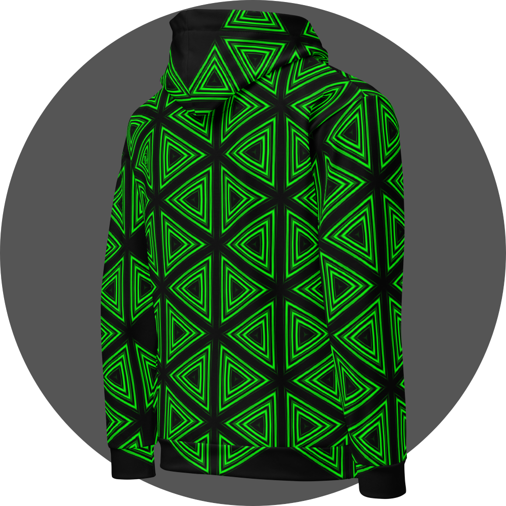 un4rt- the image shows the right back of a hoodie with a repeating pattern made of triangles. each triangle is mirrored horizontal and vertical over and over again. the triangles are made of three thick and green lines with soft borders. the space between the triangles and between the green lines is black.