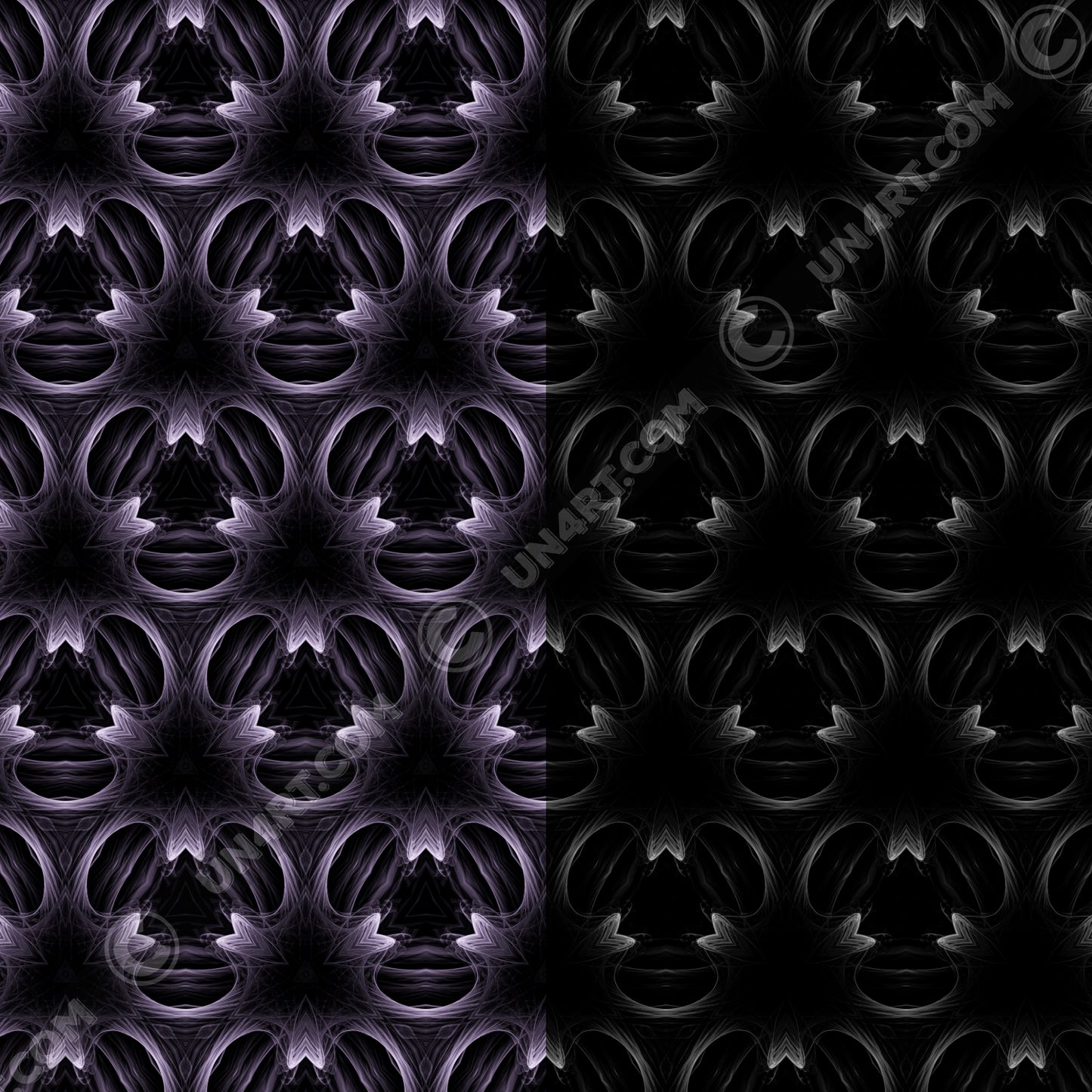 un4rt - the image is split vertically. both sides show the same repeating pattern, but an editing filter has been applied to the right side, lowering the brightness of the pattern. the pattern has a three-sided basic structure with fine lines that run both straight and curved. the background of the pattern is black, the lines are bright white.