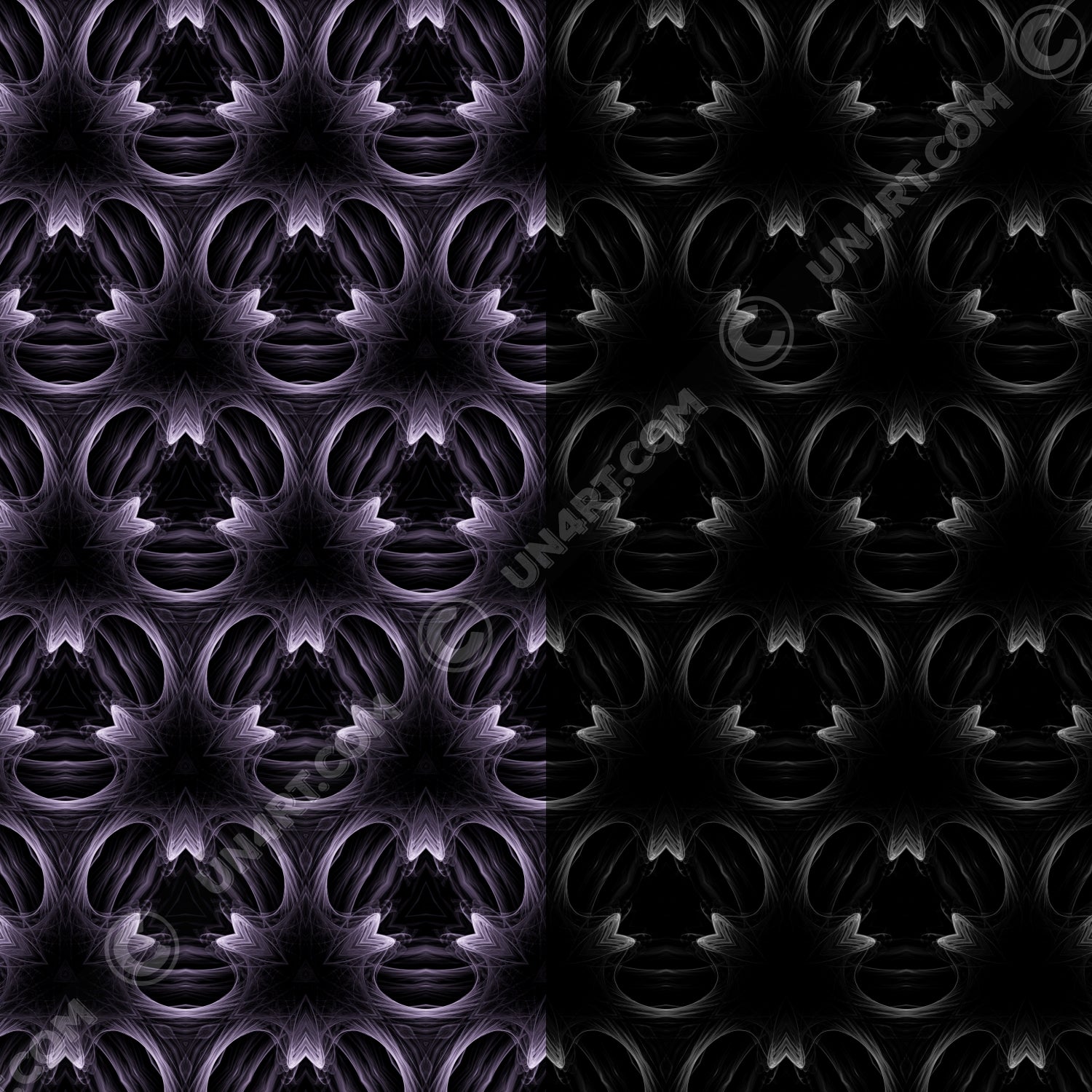 un4rt - the image is split vertically. both sides show the same repeating pattern, but an editing filter has been applied to the right side, lowering the brightness of the pattern. the pattern has a three-sided basic structure with fine lines that run both straight and curved. the background of the pattern is black, the lines are bright white.