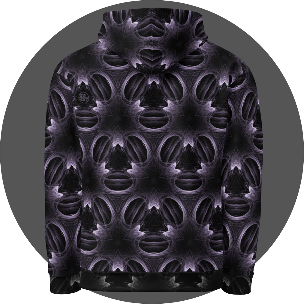 un4rt - the image shows the back of a hoodie with a seamless pattern. the pattern has a three-sided basic structure with fine lines that run both straight and curved. the background of the pattern is black, the lines are bright white.