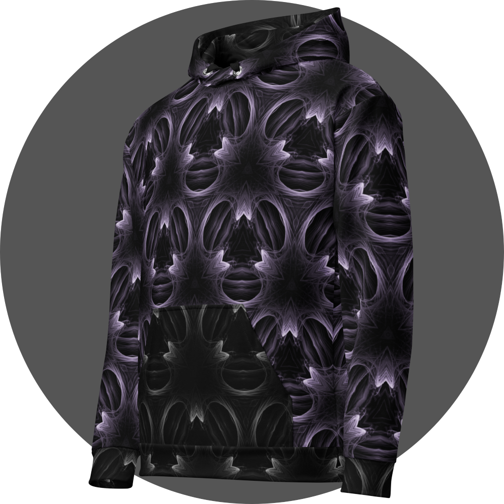 un4rt - the image shows the left front of a hoodie with a seamless pattern. the pattern has a three-sided basic structure with fine lines that run both straight and curved. the background of the pattern is black, the lines are bright white.