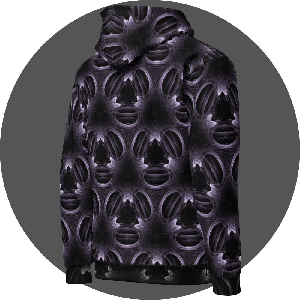 un4rt - the image shows the right back of a hoodie with a seamless pattern. the pattern has a three-sided basic structure with fine lines that run both straight and curved. the background of the pattern is black, the lines are bright white.