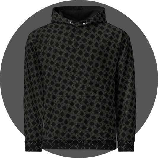 un4rt - the image shows the front of a hoodie with a grid pattern with liquefying squares. each square shows a slightly different transformation. the background is black. the connection between the squares is also liquefied, colored in two different tones of grey.