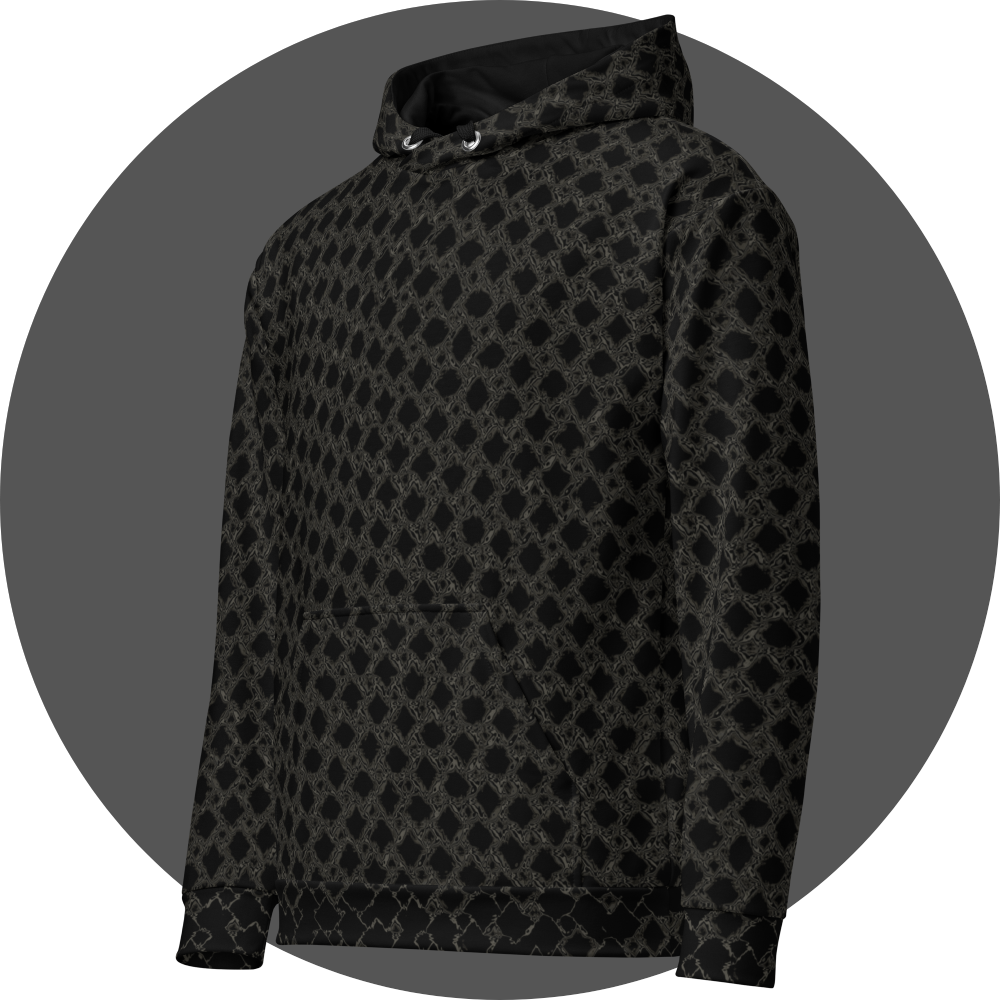 un4rt - the image shows the left front of a hoodie with a grid pattern with liquefying squares. each square shows a slightly different transformation. the background is black. the connection between the squares is also liquefied, colored in two different tones of grey.