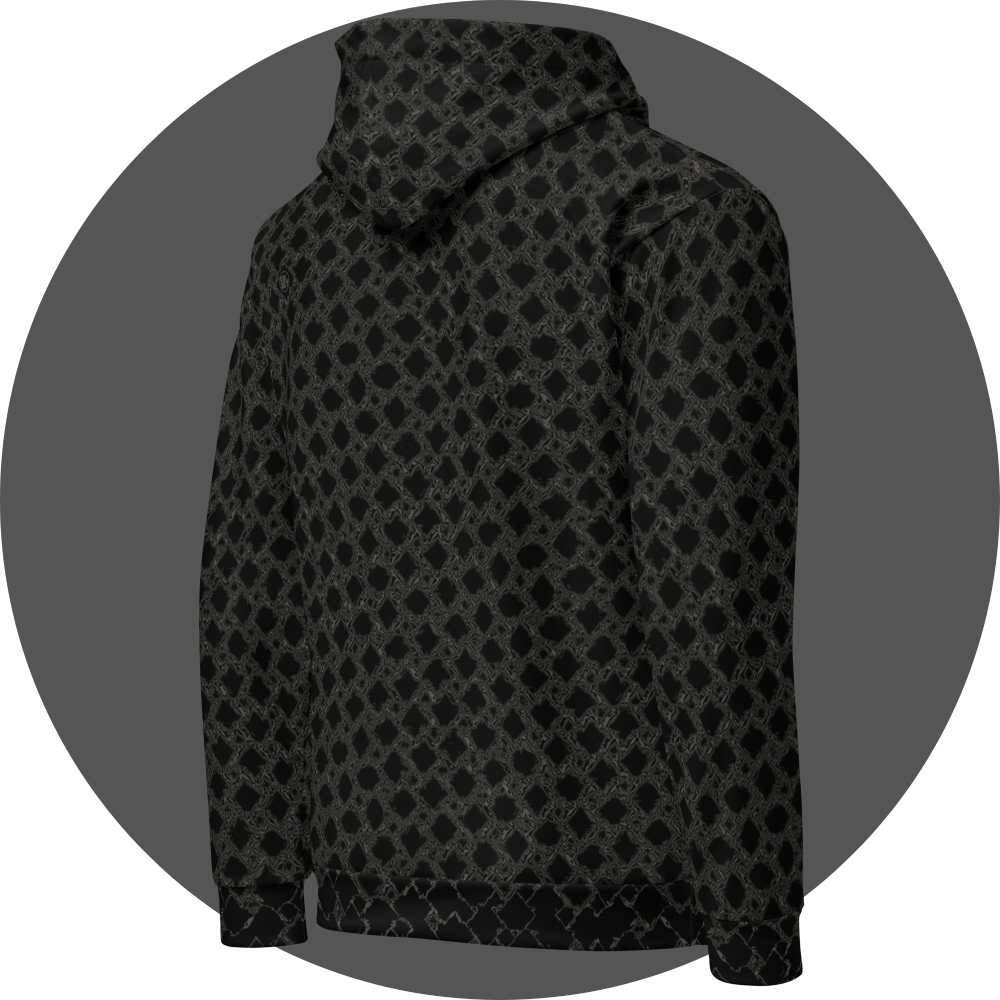 un4rt - the image shows the right back of a hoodie with a grid pattern with liquefying squares. each square shows a slightly different transformation. the background is black. the connection between the squares is also liquefied, colored in two different tones of grey.