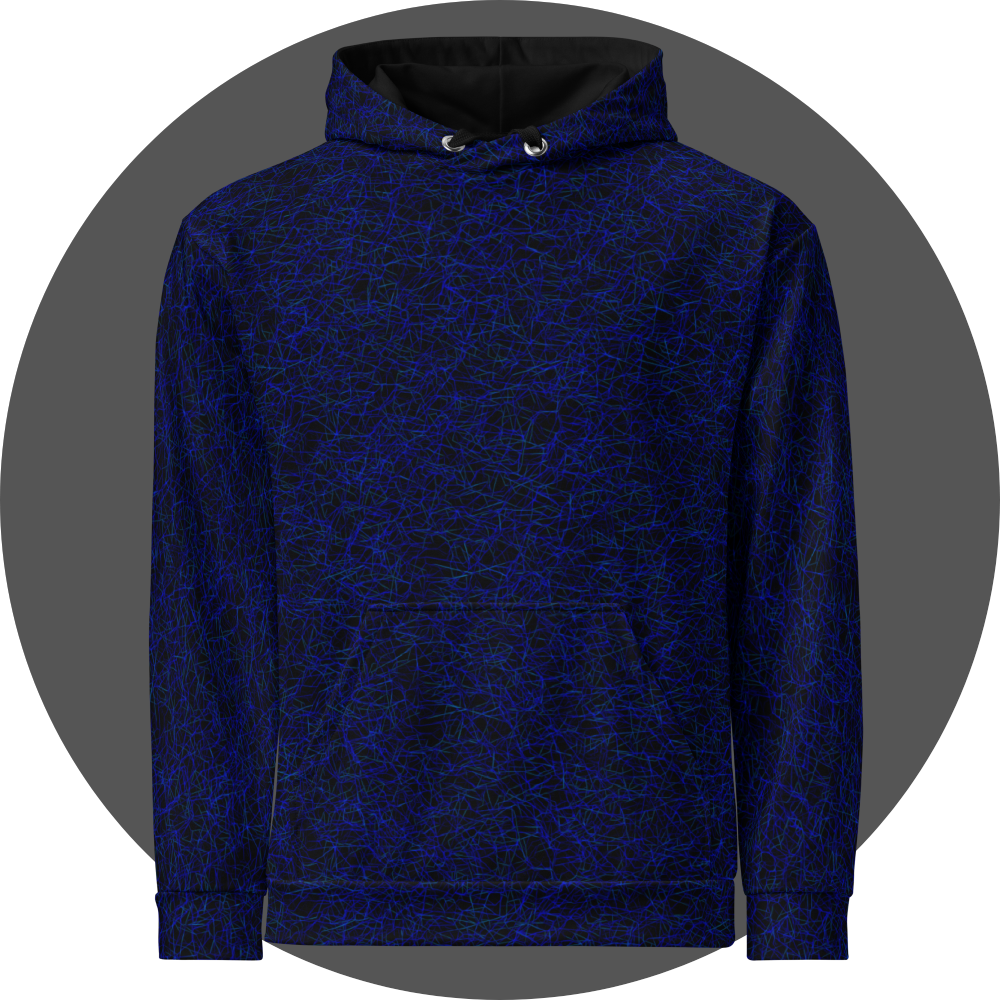 un4rt - the image shows the fropnt of a hoodie with a chaotic grid network pattern of thin blue lines with some cyan accents. the background is black.