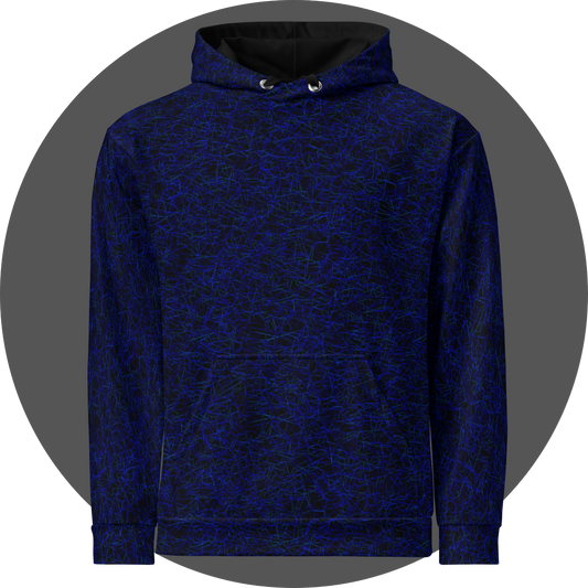 un4rt - the image shows the fropnt of a hoodie with a chaotic grid network pattern of thin blue lines with some cyan accents. the background is black.