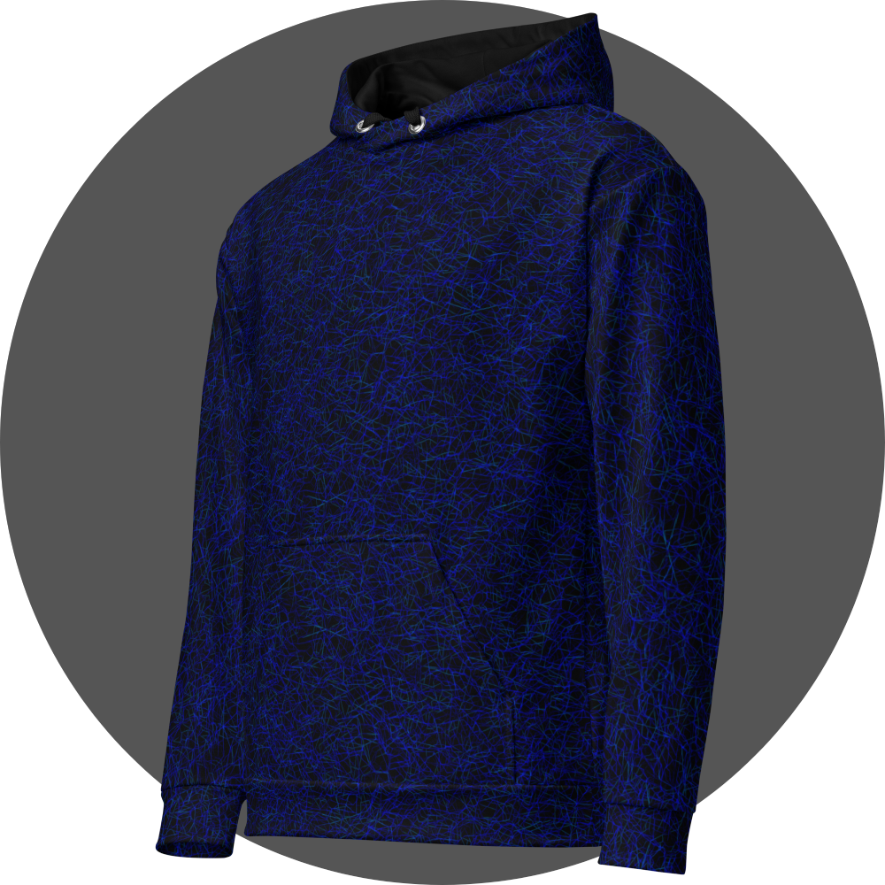 un4rt - the image shows the left front of a hoodie with a chaotic grid network pattern of thin blue lines with some cyan accents. the background is black.