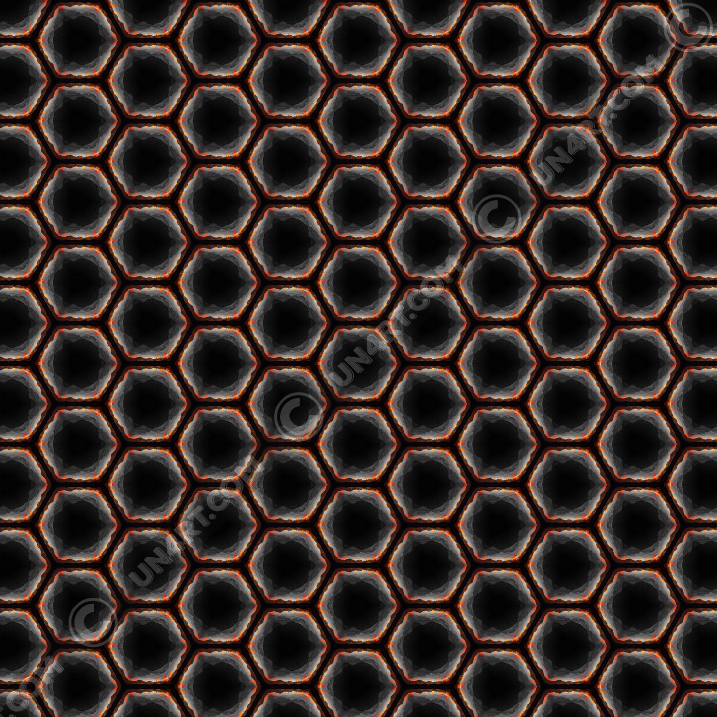 un4rt - the image shows a seamless pattern with a hexagonal honeycomb structure. the background and the center of the honeycombs is black. the frame of the honeycombs consists of orange spikes pointing inwards. the inner frame of the honeycombs consists of several overlapping shades of grey clouds. 