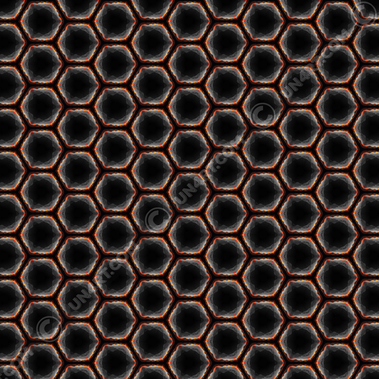 un4rt - the image shows a seamless pattern with a hexagonal honeycomb structure. the background and the center of the honeycombs is black. the frame of the honeycombs consists of orange spikes pointing inwards. the inner frame of the honeycombs consists of several overlapping shades of grey clouds. 