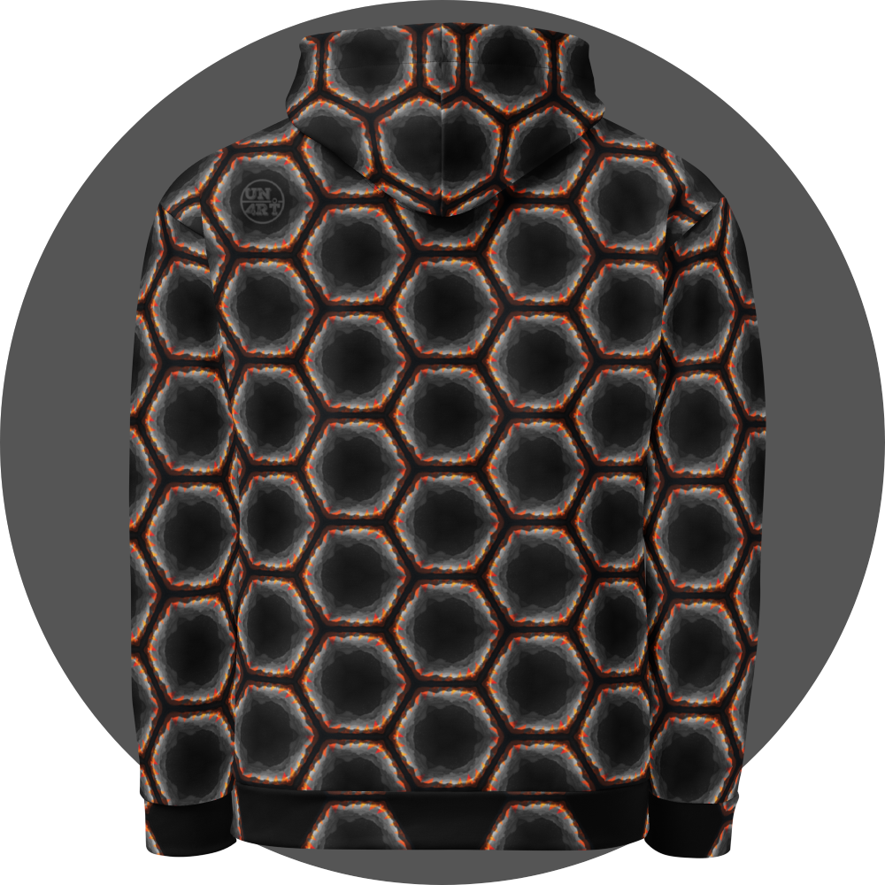 un4rt - the image shows the back of a hoodie with a seamless pattern with a hexagonal honeycomb structure. the background and the center of the honeycombs is black. the frame of the honeycombs consists of orange spikes pointing inwards. the inner frame of the honeycombs consists of several overlapping shades of grey clouds. 