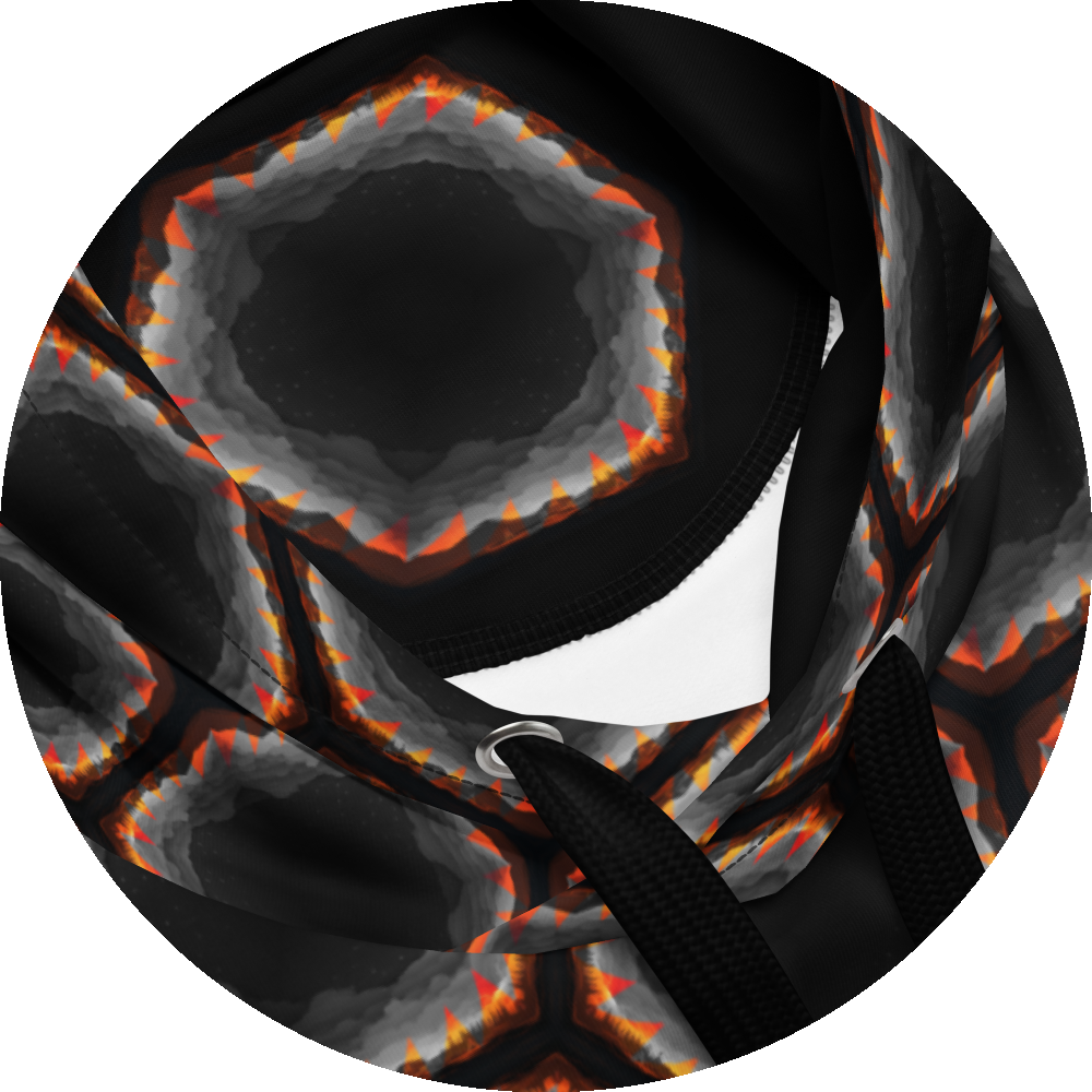 un4rt - the image shows details of a hoodie with a seamless pattern with a hexagonal honeycomb structure. the background and the center of the honeycombs is black. the frame of the honeycombs consists of orange spikes pointing inwards. the inner frame of the honeycombs consists of several overlapping shades of grey clouds. 