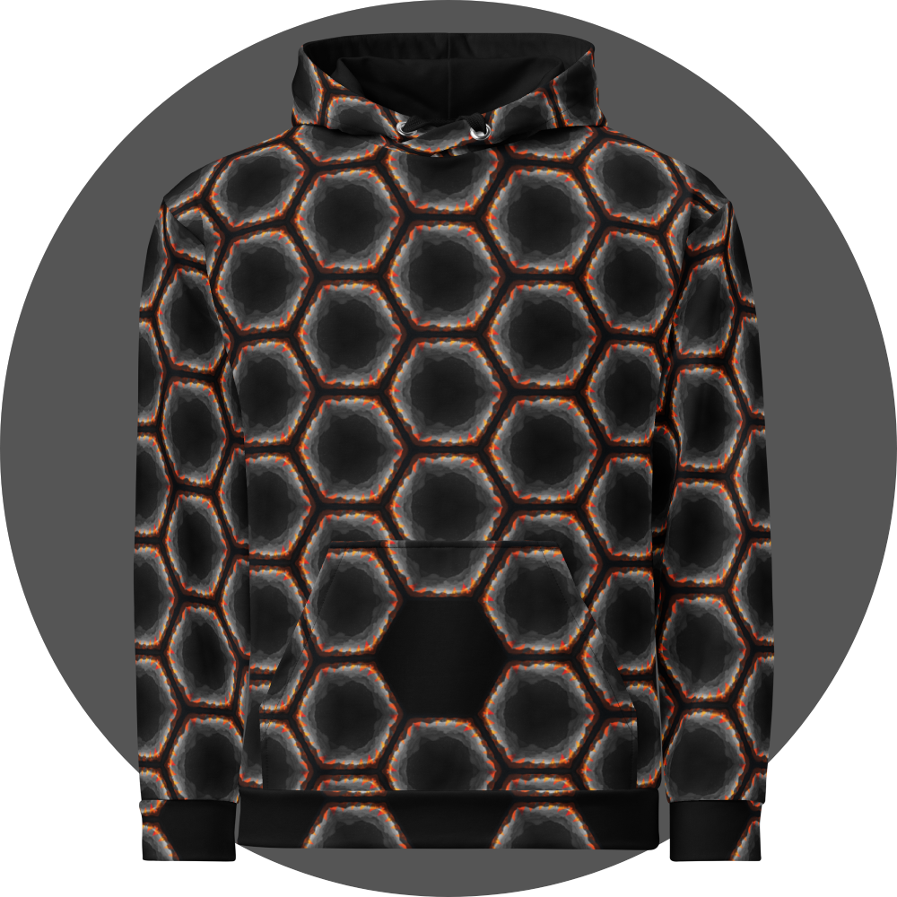 un4rt - the image shows the front of a hoodie with a seamless pattern with a hexagonal honeycomb structure. the background and the center of the honeycombs is black. the frame of the honeycombs consists of orange spikes pointing inwards. the inner frame of the honeycombs consists of several overlapping shades of grey clouds. 